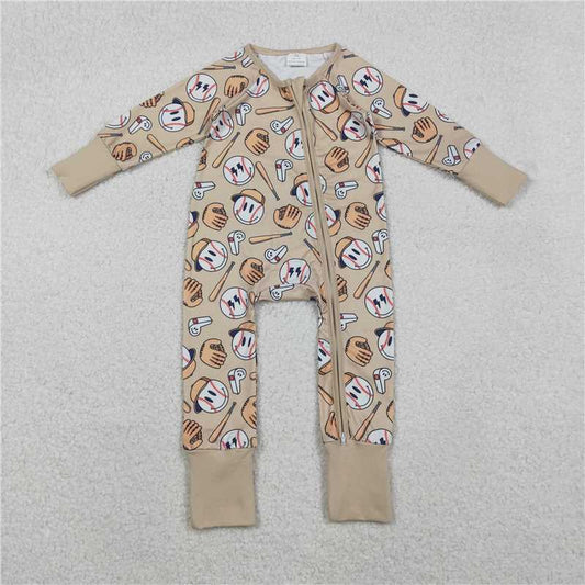 x12.11  LR2816 Baseball Smiley Face Khaki Zipper Long-Sleeve Jumpsuit