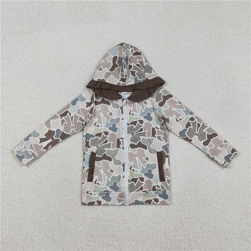 X11.5 GT1263 Brown Lace Camouflage Zipper Hooded Long-Sleeved Top with Bow Pattern
