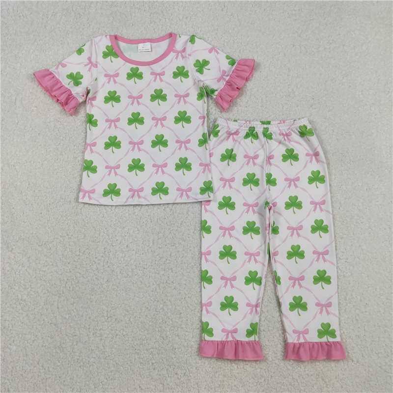 X12.2 GSPO1838 Four-leaf clover and bow pattern plaid pink and white short-sleeved pajama set