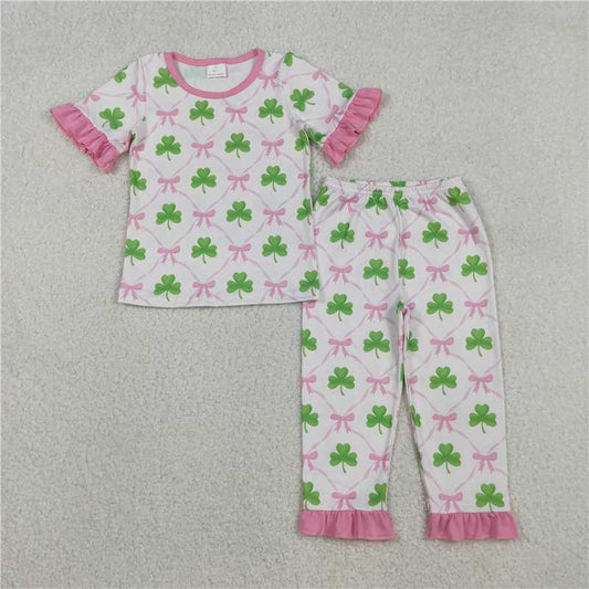 X12.2 GSPO1838 Four-leaf clover and bow pattern plaid pink and white short-sleeved pajama set