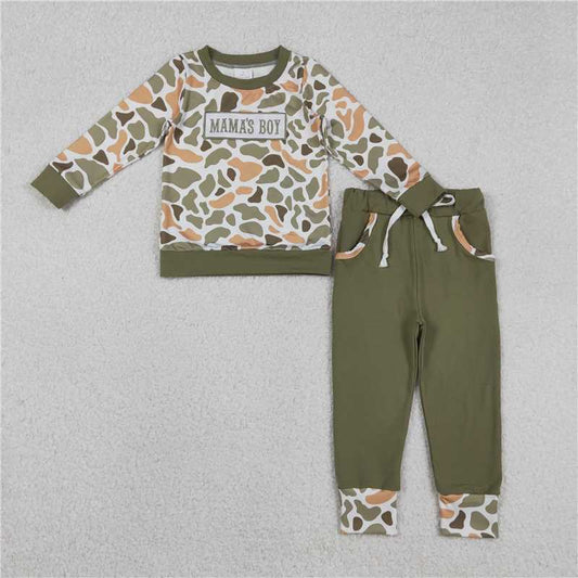 X12.10 BLP1339 Embroidered Mama's Boy Orange-Green Camouflage Long-Sleeve Pants Set