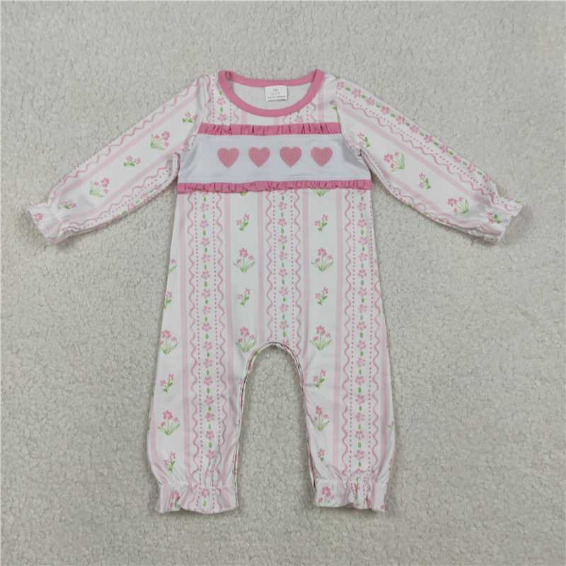 X12.5  LR2714 Embroidered Heart and Flower Pink Striped Wavy Line Long-Sleeved Jumpsuit