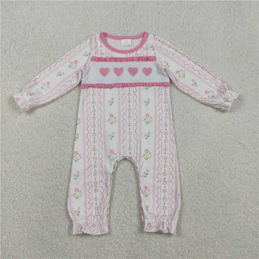 X12.5  LR2714 Embroidered Heart and Flower Pink Striped Wavy Line Long-Sleeved Jumpsuit