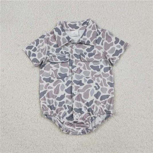 X1.2  SR3654 Gray-blue camouflage pocket button collar short-sleeved jumpsuit