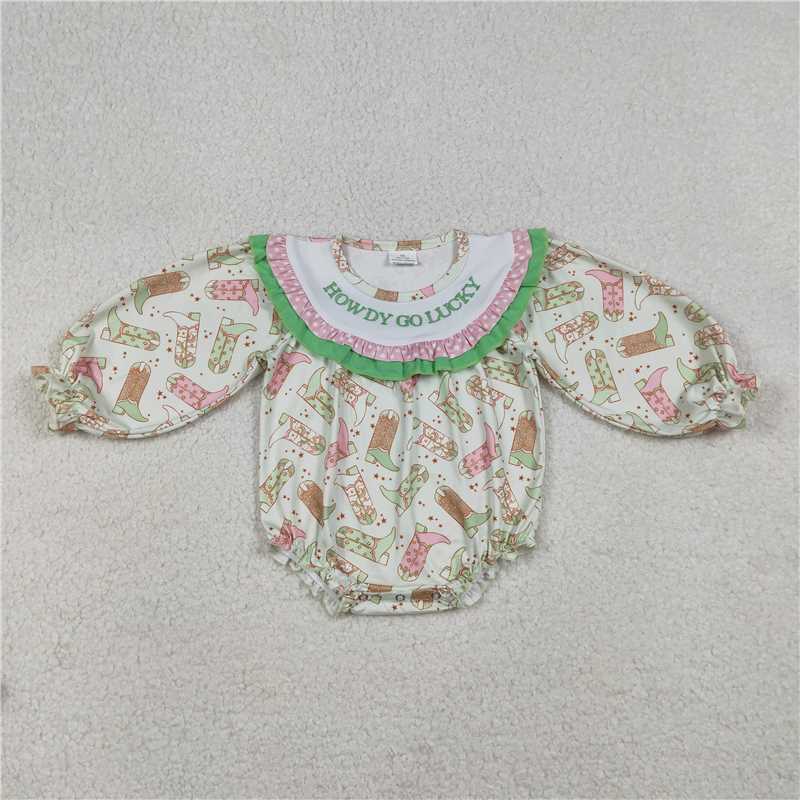 X12.27 LR2840 Embroidered Howdy Go Lucky Boots Polka Dot Green Lace Long-Sleeved Jumpsuit