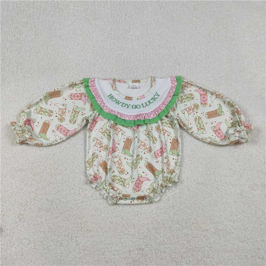 X12.27 LR2840 Embroidered Howdy Go Lucky Boots Polka Dot Green Lace Long-Sleeved Jumpsuit