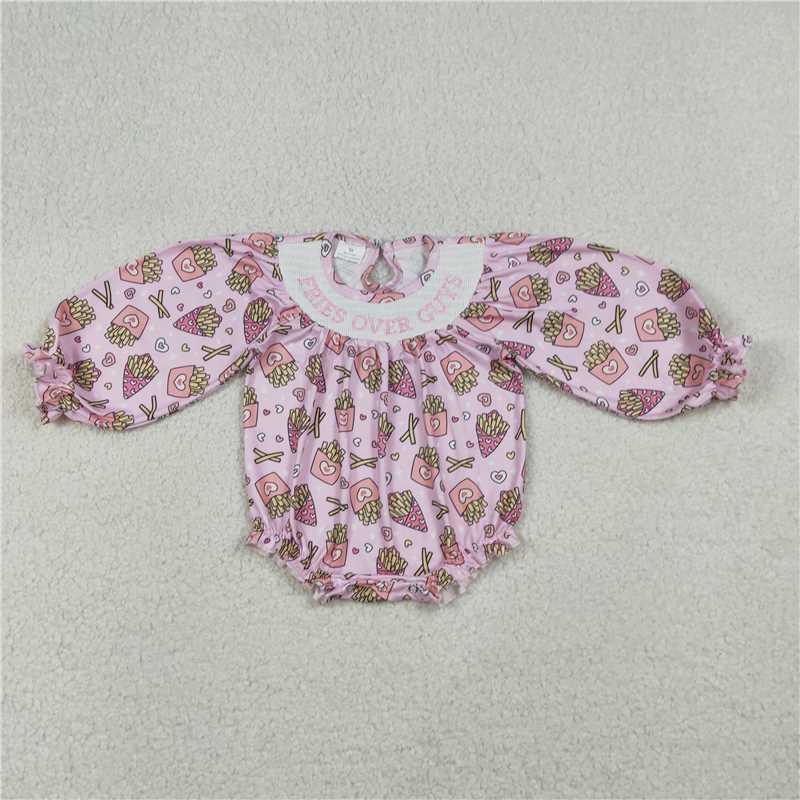 X12.27  LR2768 Embroidered Fries Over Guys Valentine's Day Heart-Shaped Pink Long-Sleeved Jumpsuit