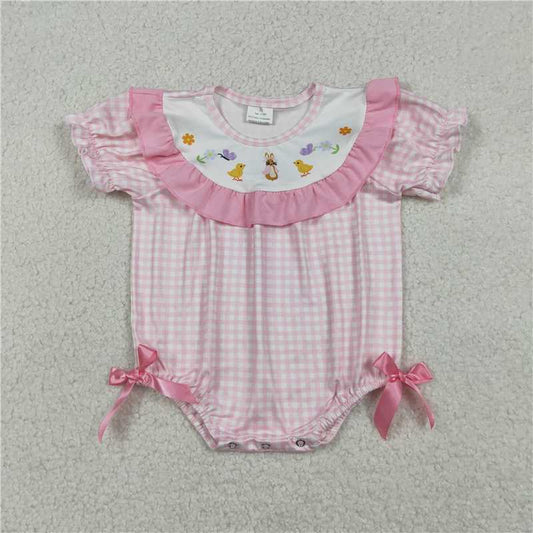X12.26  SR3565 Easter Butterfly, Chick, and Bunny Pink Plaid Short-Sleeve Jumpsuit