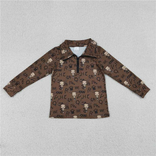 X12.31  BT1597 Brown Zipper Long-Sleeve Top with Mountain Bull Head Character Design