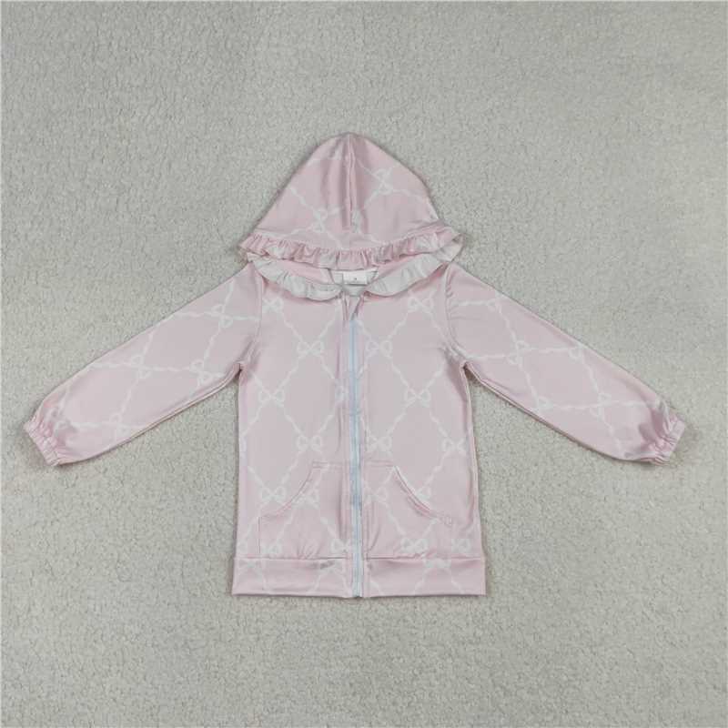 X12.26  GT1246 Pink Hooded Zip-Up Long-Sleeve Top with Bow Pattern Pockets