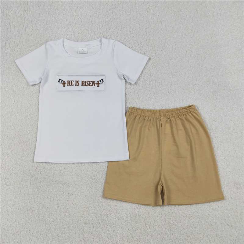 X1.10 BSSO1674 Embroidered "He Is Rised" Cross White Short-Sleeve and Shorts Set