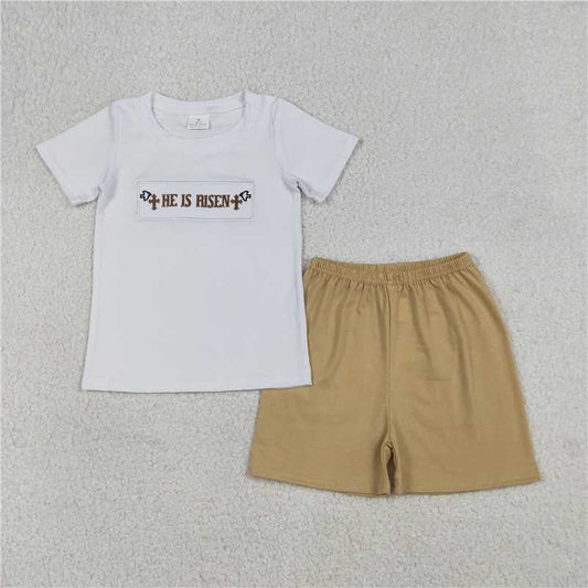 X1.10 BSSO1674 Embroidered "He Is Rised" Cross White Short-Sleeve and Shorts Set