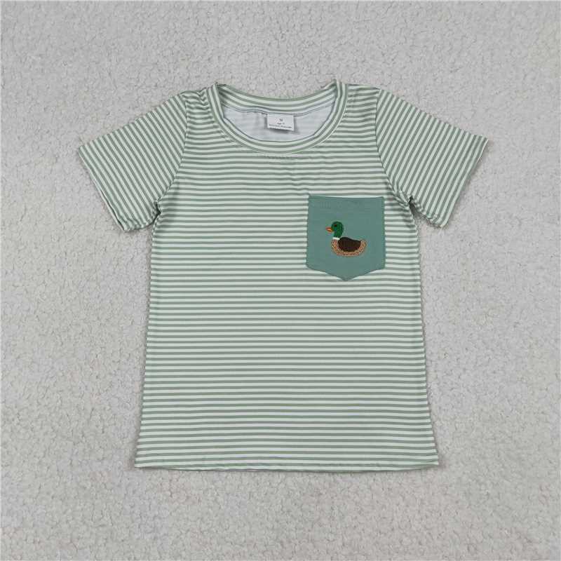 X12.31 BT1557 Embroidered duck pocket green striped short-sleeved top