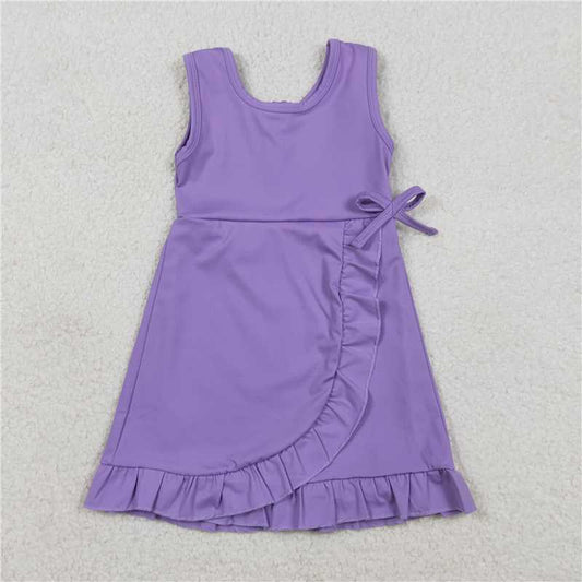 X1.7 GSD3036 Solid Purple Sleeveless Yoga Dress with Bow and Lace Trim