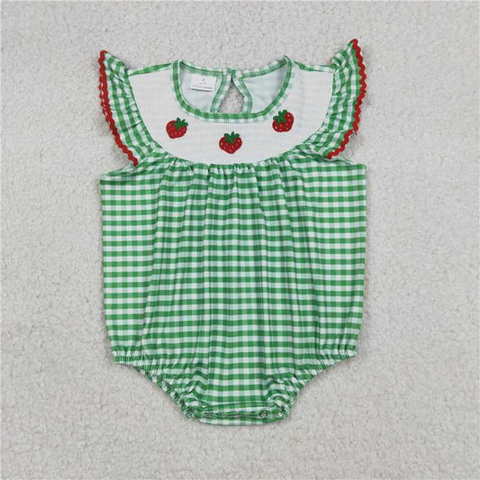 X12.27 SR3550 Embroidered Strawberry Green and White Checkered Jumpsuit with Flutter Sleeves