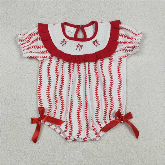 X12.27  SR3345 Embroidered Baseball Red Bow Pattern Short-Sleeve Jumpsuit