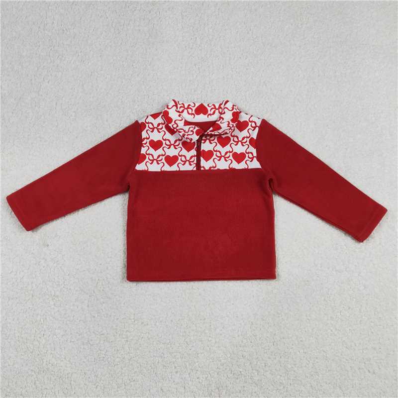 X12.26  GT1505 Red Plush Zipper Long-Sleeved Top with Heart and Bow Pattern