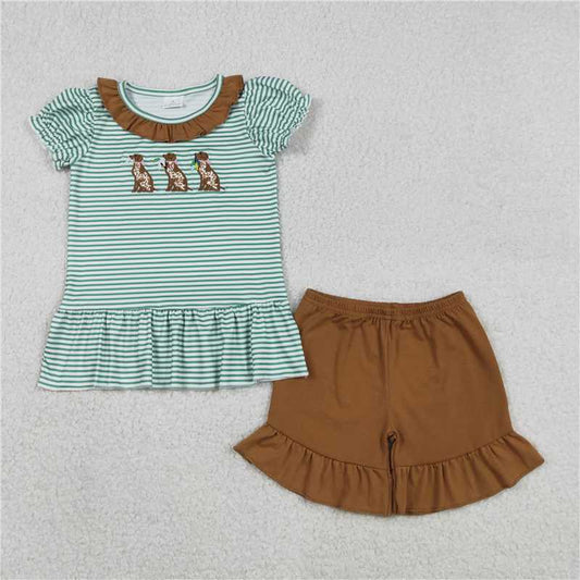 X12.29  GSSO2793 Embroidered Duck and Spotted Dog Brown Lace Green Striped Short-Sleeve Shorts Set