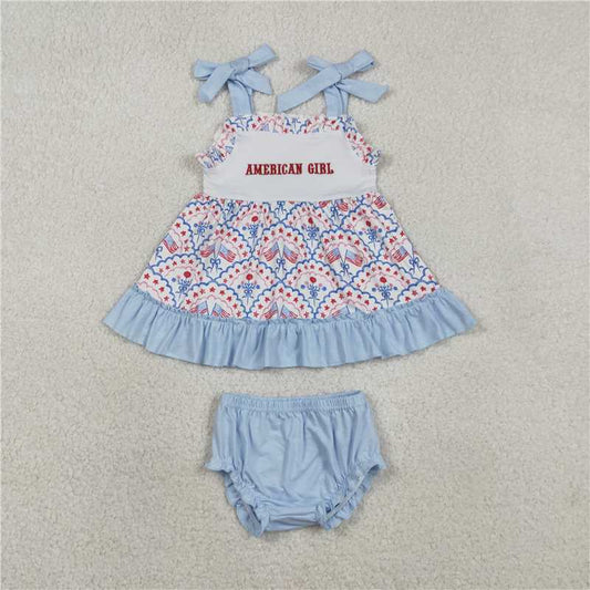 SR3648 Embroidered American Girl Flag and Star Pattern Blue Suspender Bodysuit