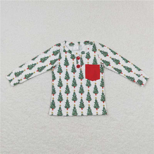 BT0326 Star Christmas Tree Pocket White Long Sleeve Top