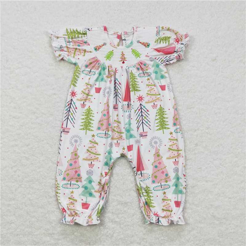 SR0419 Smocked embroidered Christmas tree white short-sleeved jumpsuit