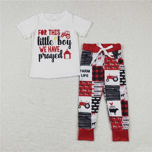 BSPO0171 little boy alphabet farm animal plaid red and white short-sleeved trousers suit