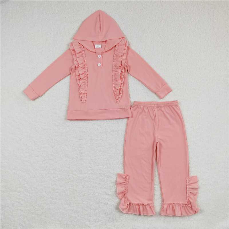 cotton girls winter hooded sets ruffles hoodie outfits pink