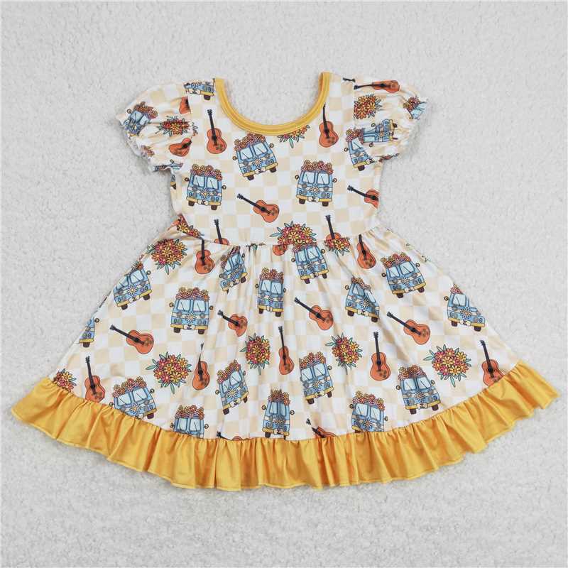 Flower bus guitar plaid yellow lace short-sleeved dress