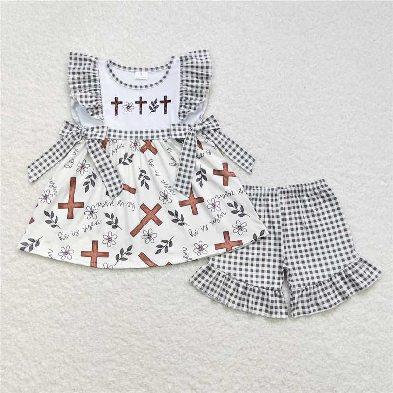 GSSO0492 he is risen embroidered cross floral plaid bow set