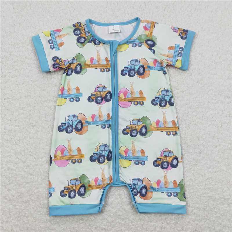 SR0883 Easter Egg Bunny Tractor Teal Zipper Short Sleeve Jumpsuit