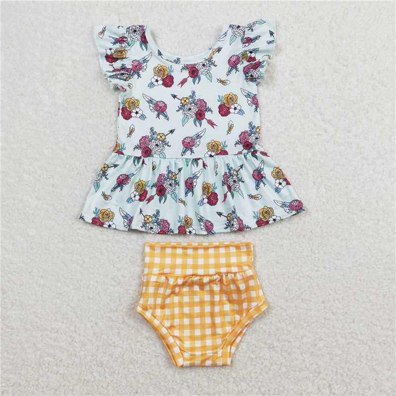 GBO0281 Flower arrow lace flying sleeves orange plaid briefs suit