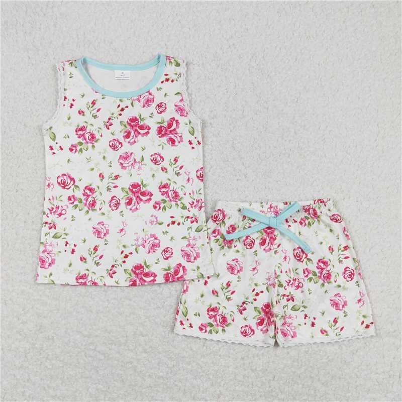 GSSO0674 Floral white sleeveless shorts set