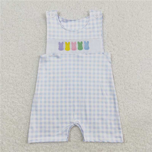 SR0691 Embroidered colorful bunny blue and white plaid sleeveless jumpsuit