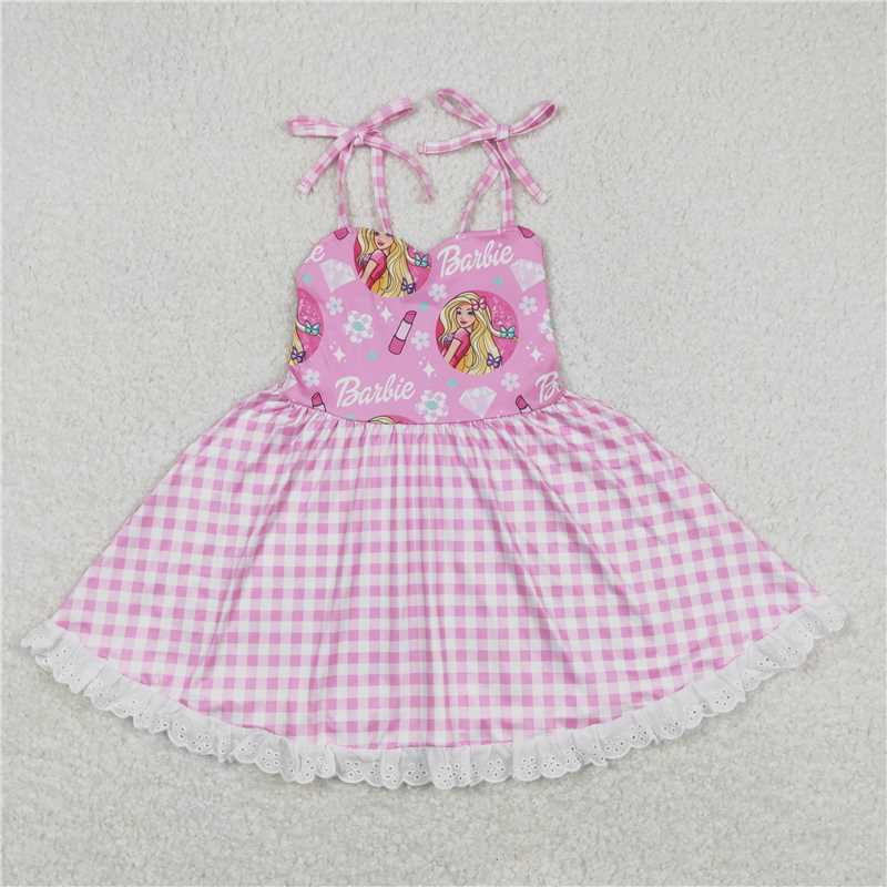 GSD0526 barbie lipstick diamond lace pink plaid suspender dress