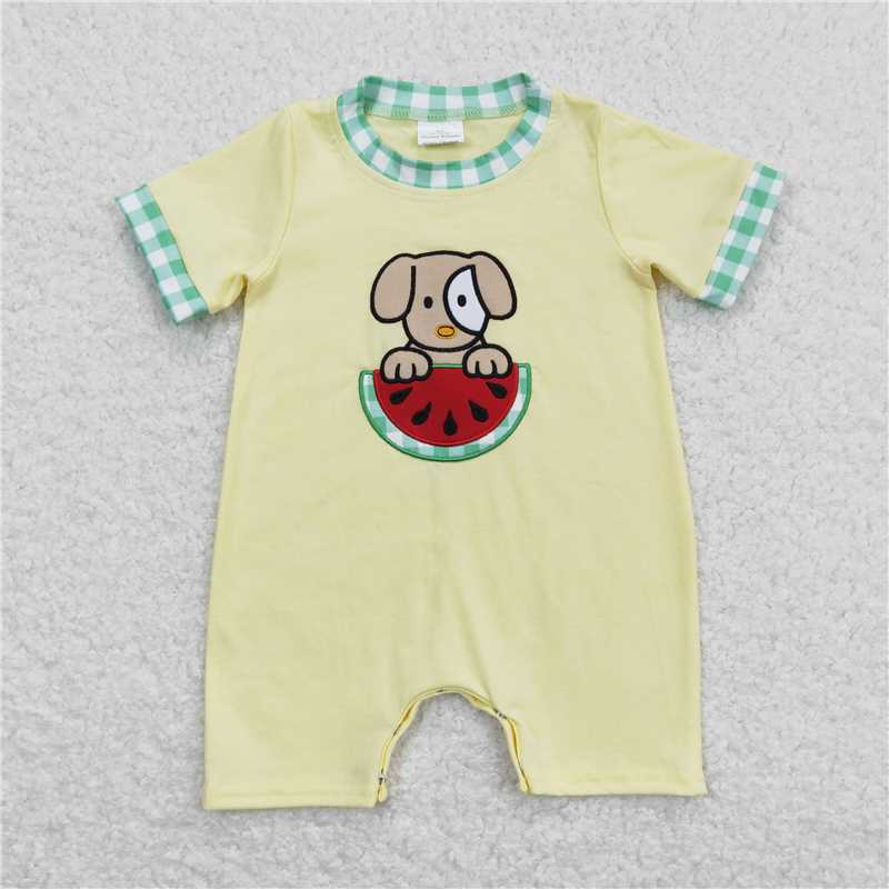 SR0788 Embroidered Watermelon Puppy Yellow Short Sleeve Jumpsuit