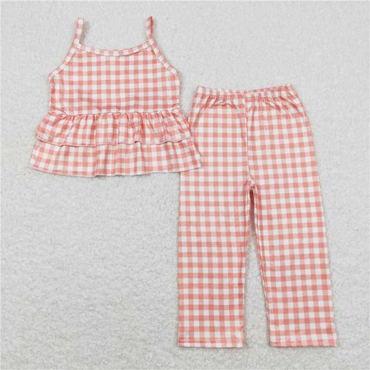 GSPO1377 Orange and white plaid lace suspender trousers suit