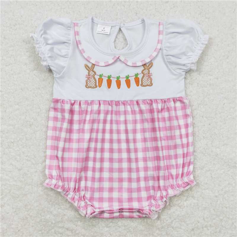 SR0722 Embroidery Rabbit Carrot Pink White Plaid Short Sleeve Jumpsuit