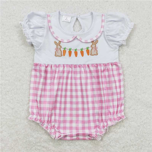 SR0722 Embroidery Rabbit Carrot Pink White Plaid Short Sleeve Jumpsuit