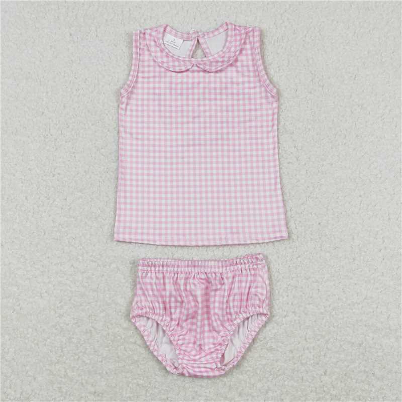 GBO0222 Pink and white plaid doll collar sleeveless briefs set