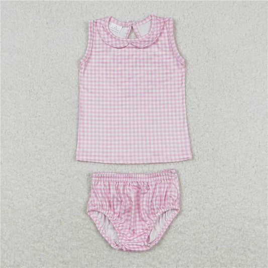 GBO0222 Pink and white plaid doll collar sleeveless briefs set