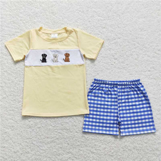 BSSO0598 Embroidered Three Puppies beige short-sleeved blue and white plaid shorts set