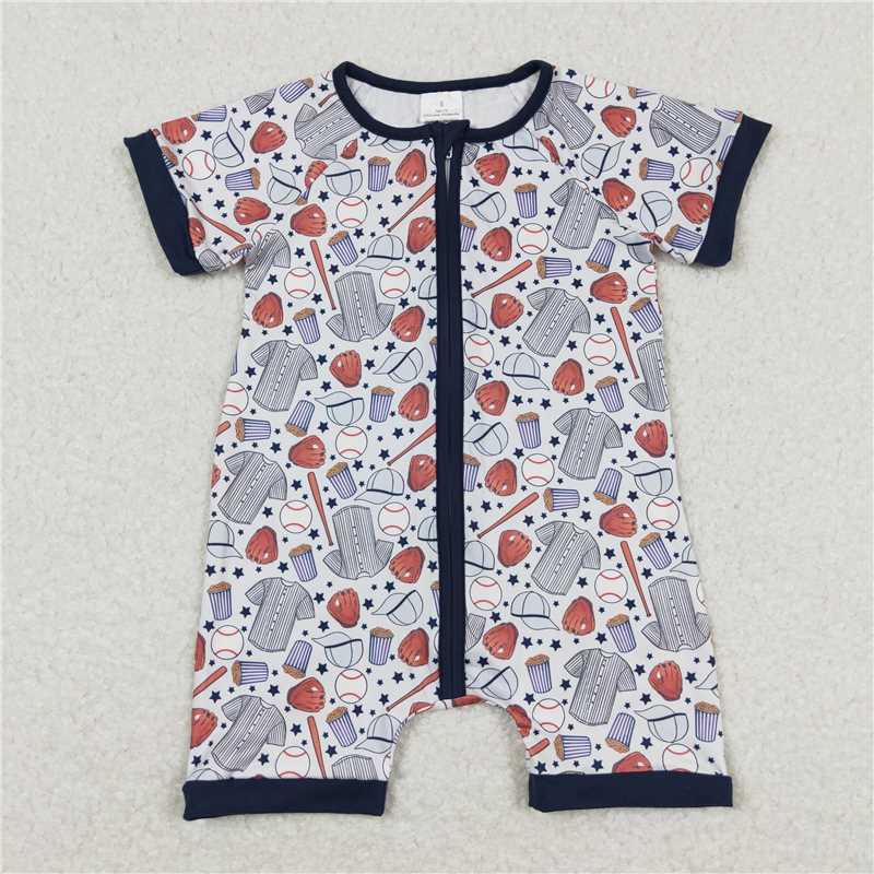 SR0581 Baseball star gloves blue trim short sleeve zipper jumpsuit