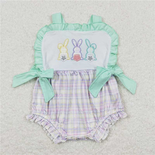 SR0543 Embroidery Three Colorful Rabbits Green Bow Lace Purple Yellow Plaid Vest Jumpsuit