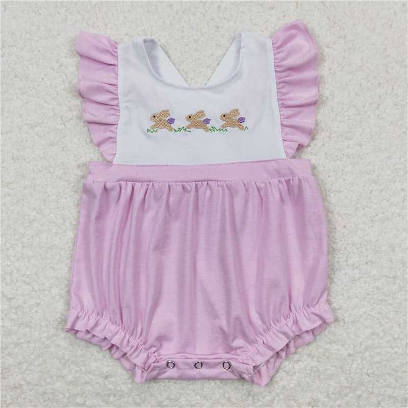 SR0620 Embroidery Three Rabbits Bow Purple and White Flying Sleeve Jumpsuit