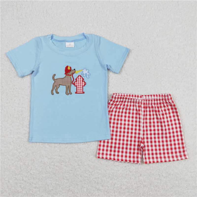 BSSO0377 Embroidery puppy fireman blue short sleeve red and white plaid shorts suit