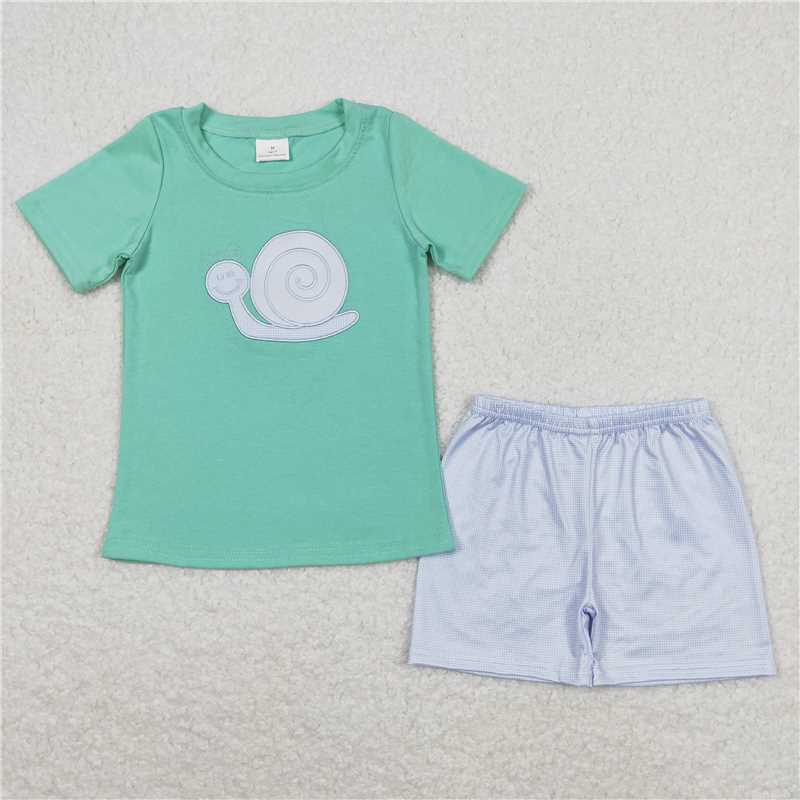 BSSO0571 Embroidered snail teal short-sleeved plaid shorts suit