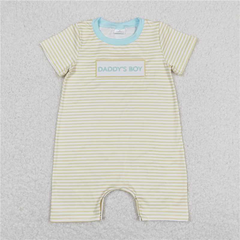 daddy's boy yellow striped short-sleeved jumpsuit with embroidered letters