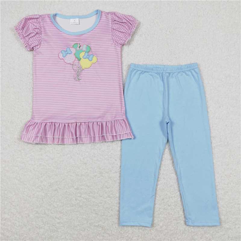 GSPO1104 Embroidered Bow Mickey Balloon Pink Striped Short Sleeve Blue Pants Suit