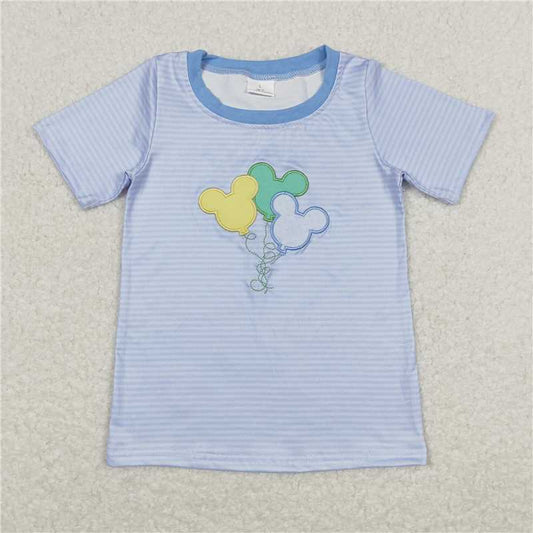 BT0482 Embroidered Mickey Balloon Blue Striped Short Sleeve Top