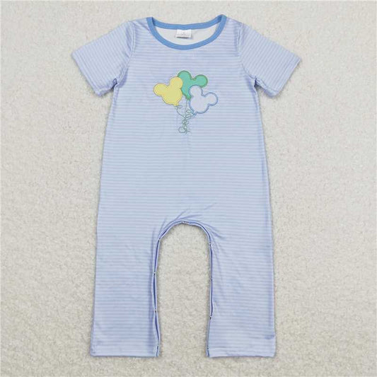 SR0612 Embroidered Mickey Balloon Blue Striped Short Sleeve Jumpsuit